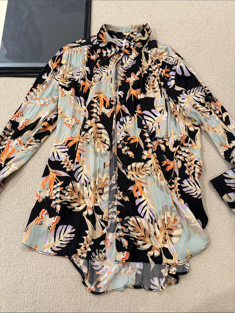 Free People Under the Palms Black Print Button-Up Top